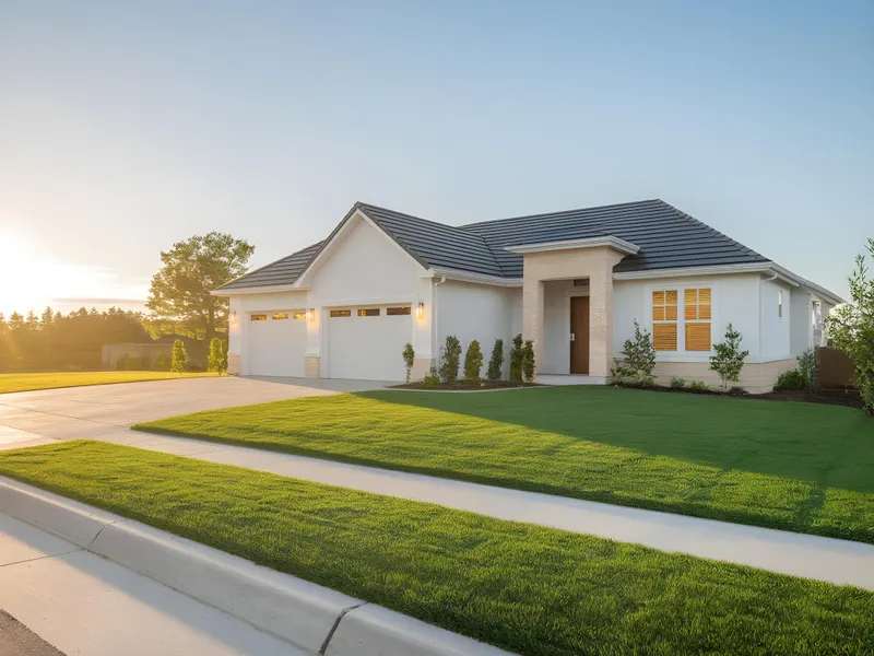 New dark gray hip roof on a white single-story ranch home photographed at sunset, showing full curb appeal after installation
