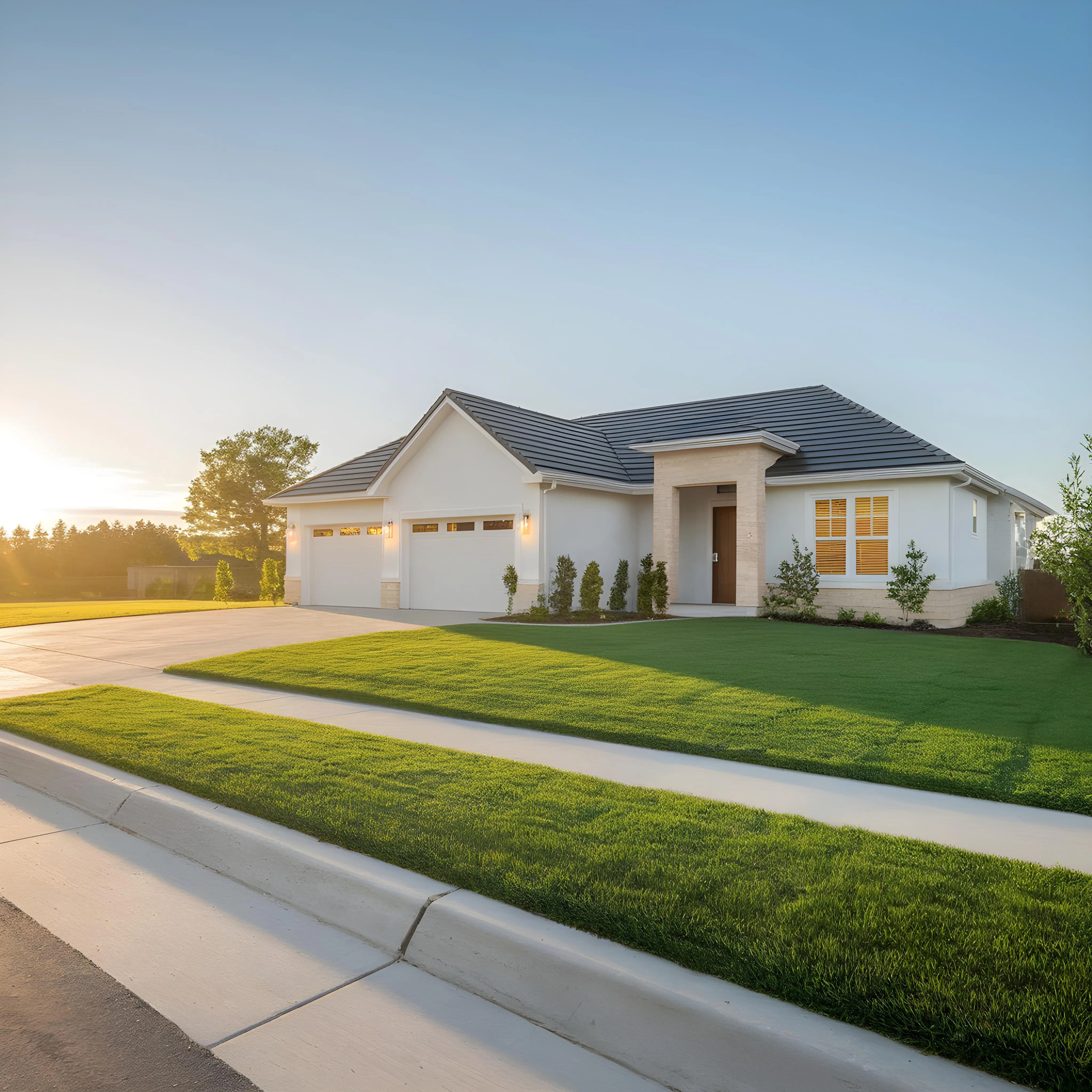 New dark gray hip roof on a white single-story ranch home photographed at sunset, showing full curb appeal after installation