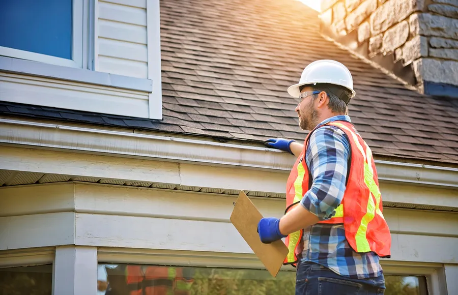 Roofing contractor reviewing completed work with a satisfied homeowner